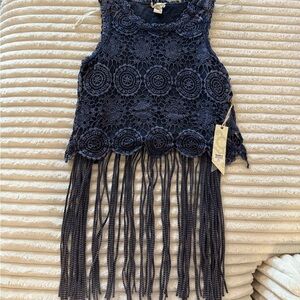 Gimmicks by BKE Navy Crochet Fringe Tank Top